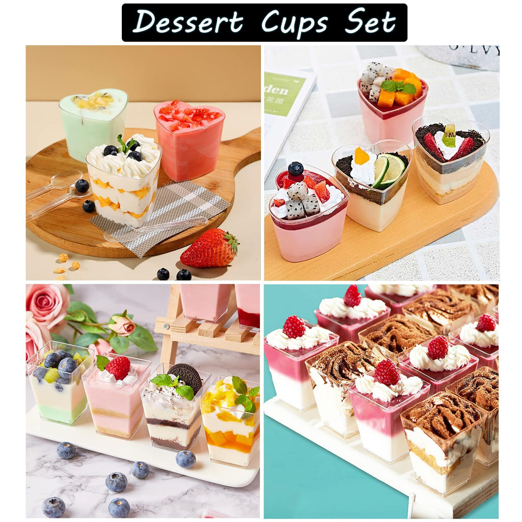 Ahongwenxi 300 Pack Mini Dessert Cups with Spoons, 5 OZ Clear Plastic Dessert Parfait Cup Appetizer Cup for Party, Mini Reusable Square Heart Dessert Cups for Fruit Ice Cream Pudding Cup Bowls