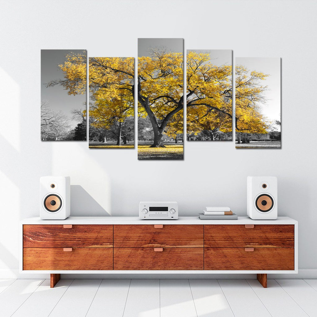 Visual Art Decor 5 Pieces Canvas Painting Prints Large Autumn Yellow Tree in Black and White Fall Landscape Home Office Wall Decoration Framed Wall Decor Artwork