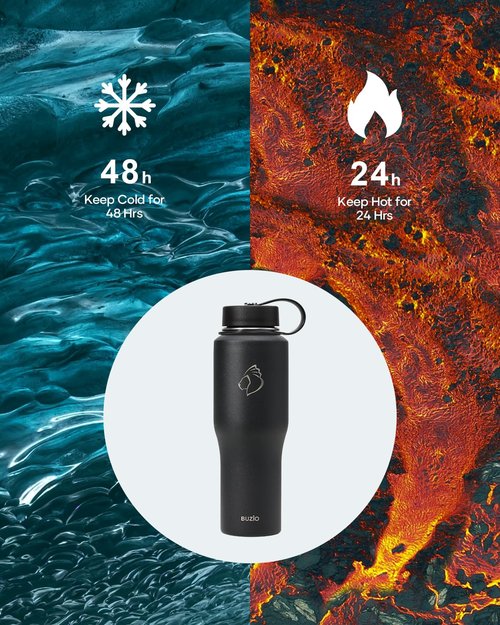 BUZIO Insulated Water Bottle Fits in Cupholder, Stainless Steel Tumbler with Straw Lid 32oz, Leak-proof BPA-Free Insulated Water Flask for Travel, Keeps Cold for 48H, Hot for 24H, Black
