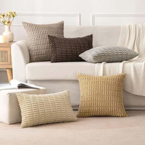 MIULEE Corduroy Throw Pillow Covers - Soft Boho Striped Design | 18x18 Inch Tan for Modern Farmhouse Decor