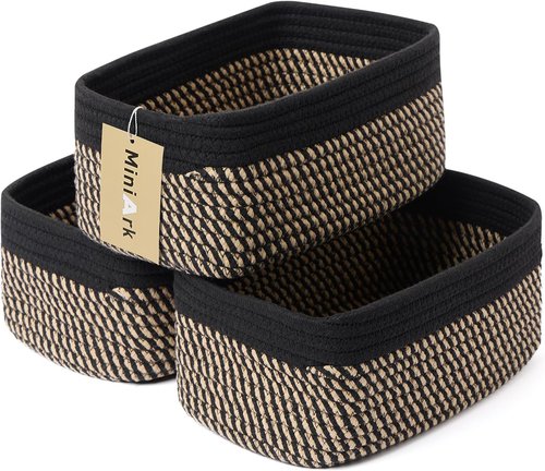 MiniArk Small Storage Baskets - Organizing Closet Bins | Woven Rope Toy Baskets | 3-Pack Black Brown | 11.5x7.5x4.7”