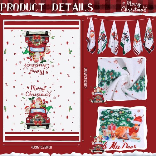 Oudain 6 Pcs Christmas Kitchen Towels Christmas Hand Towels Buffalo Plaid Xmas Tree Snowman Dish Cloths 24 x 16 Inch Santa Truck Decorative Tea Dishcloths for Home Kitchen Bathroom Winter Xmas Gifts