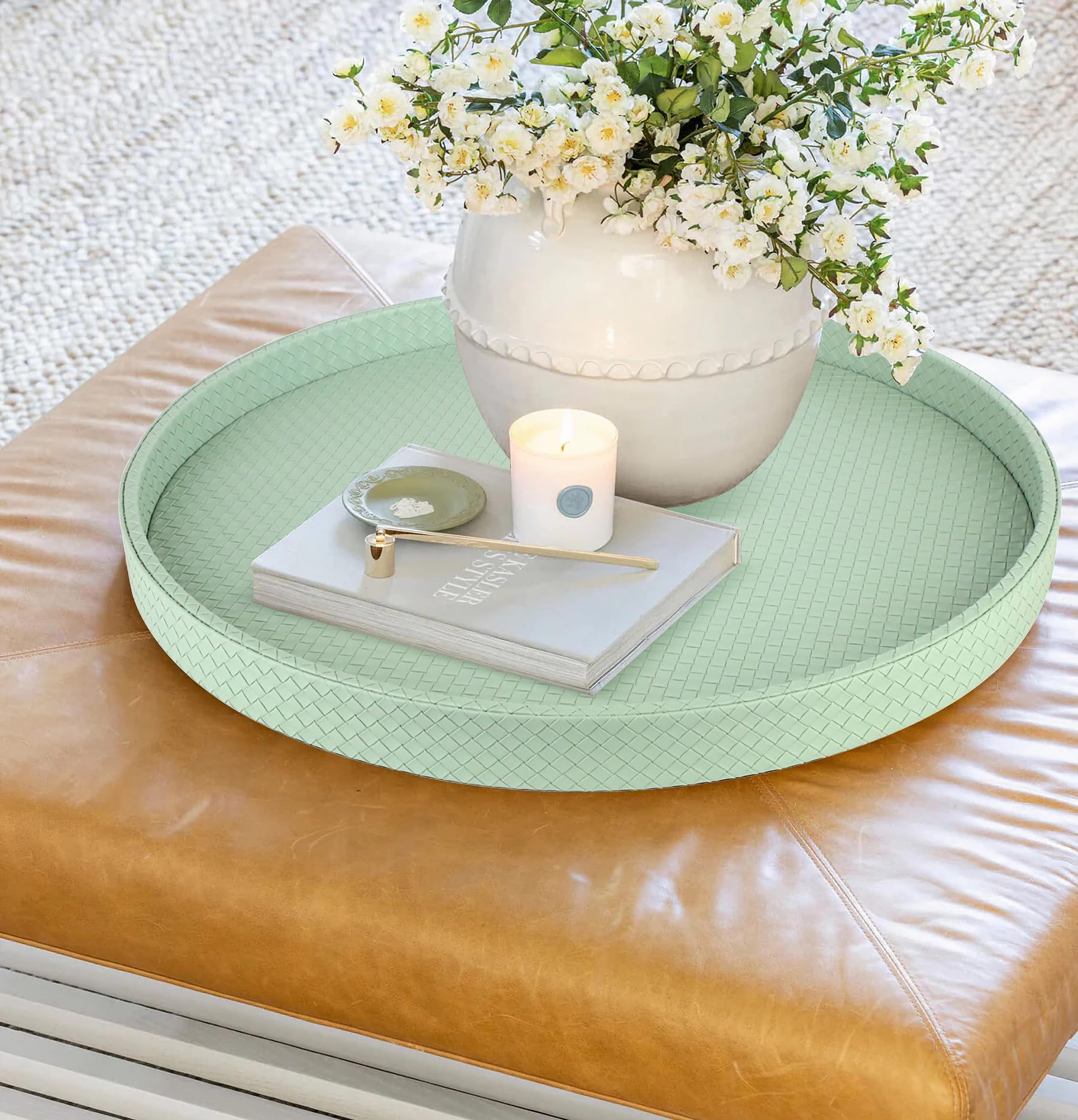 HofferRuffer Large Round Serving Tray 24'', Elegant Faux Leather Circle Ottoman Table Tray, Serve Tea Coffee Breakfast in Bedroom Living Room Kitchen (Light Green)