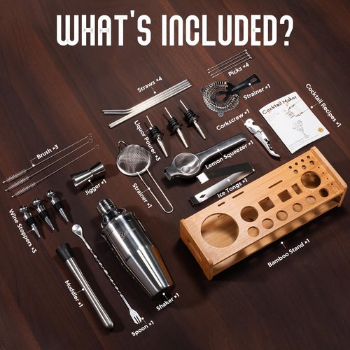 Yelusonw 26-Piece Cocktail Shaker Set - Bartender Kit with Stand, Shakers for Cocktail with All Shakers Bartending Bar Tool for Drink Mixing, Home, Lounge & Party