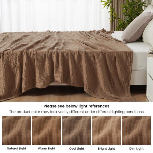 PHF Cooling Muslin Queen Blanket for Hot Sleepers, 60% Rayon Derived from Bamboo, 40% Cotton for Summer, 4-Layer Breathable Gauze Blanket for Bed Couch, 90"x90", Brown