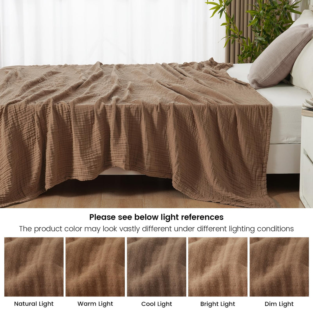PHF Cooling Muslin Queen Blanket for Hot Sleepers, 60% Rayon Derived from Bamboo, 40% Cotton for Summer, 4-Layer Breathable Gauze Blanket for Bed Couch, 90"x90", Brown