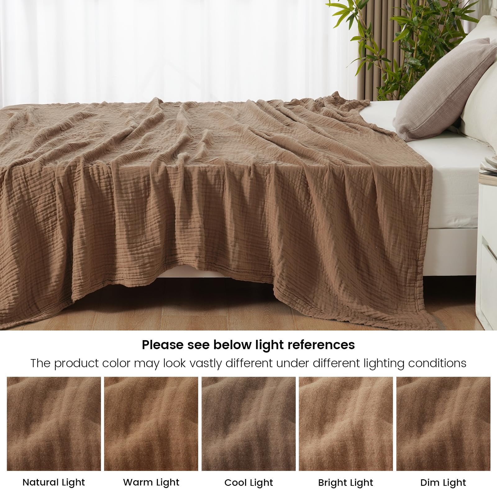 PHF Cooling Muslin Queen Blanket for Hot Sleepers, 60% Rayon Derived from Bamboo, 40% Cotton for Summer, 4-Layer Breathable Gauze Blanket for Bed Couch, 90"x90", Brown