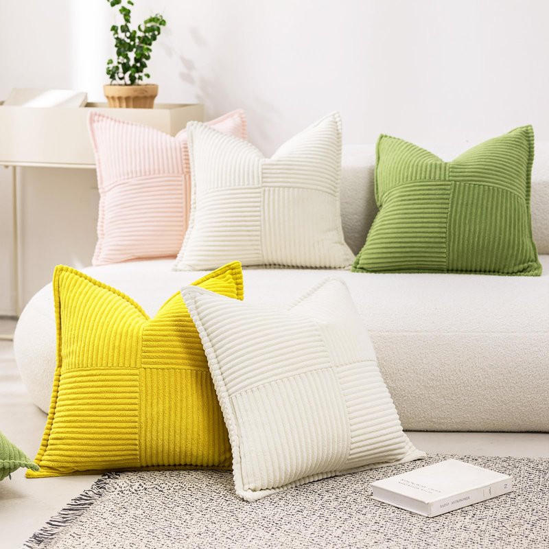 Puncuntex Corduroy Cream White Throw Pillow Covers 18×18 Inches Set of 2 Boho Decorative,Super Soft Cozy Striped Cushion Covers for Couch,Sofa,Farmhouse,Living Room,45×45CM
