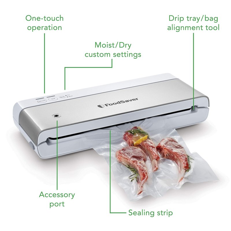 FoodSaver Compact Vacuum Sealer Machine with Sealer Bags and Roll for Airtight Food Storage and Sous Vide, White & 1-Quart BPA-Free Multilayer Construction Vacuum Zipper Bags, 18 Count