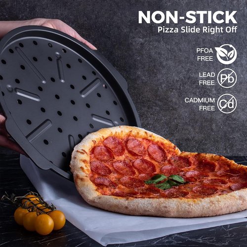 HONGBAKE 12-Inch Nonstick Pizza Pan - 2 Pack with Holes & Widened Handles for Perfect Crusts | Grey