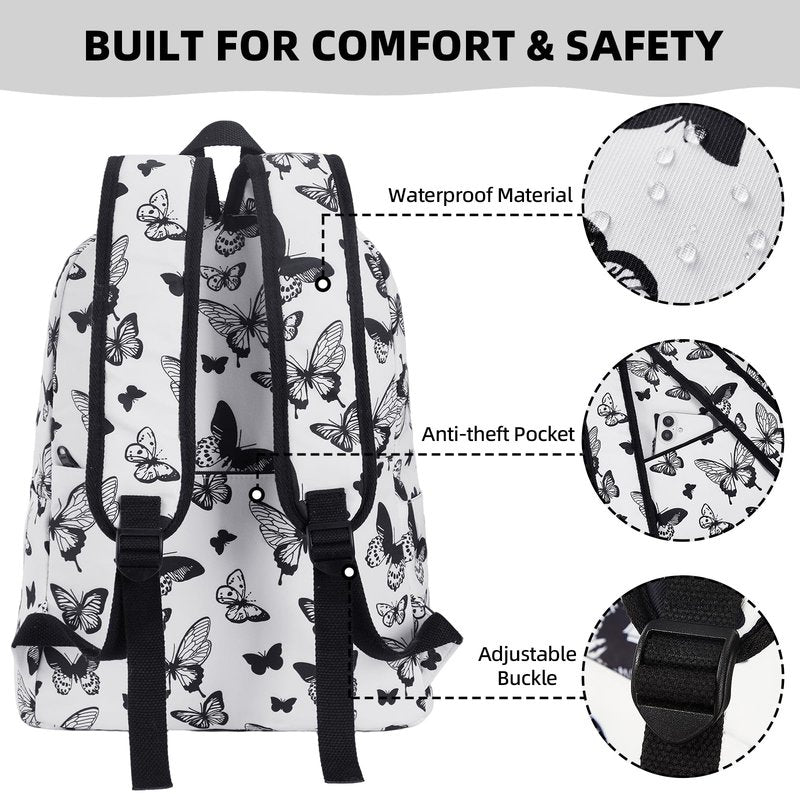 Unineovo Backpack for Teen Girls, Kids Butterfly School Bookbag Set, Lightweight Middle High School Bags with Lunch Box and Pencil Case, College Student Laptop Bag, Women Travel Daypack