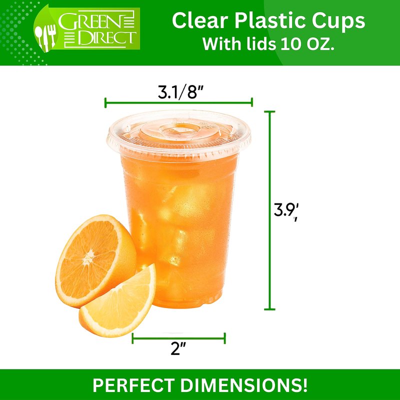 Green Direct Plastic Ultra Clear Cups With Flat Lids for Iced Coffee Bubble Boba Tea Smoothie (100, 10 Ounce)