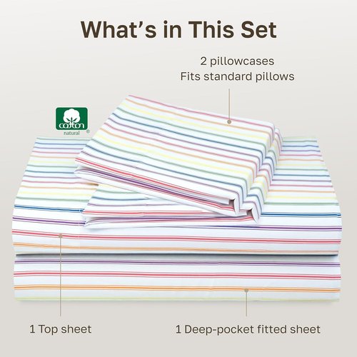 California Design Den Queen Size Cotton Sheet Set - 100% Soft Cotton, 400 TC, Deep Pockets, Rainbow Stripe