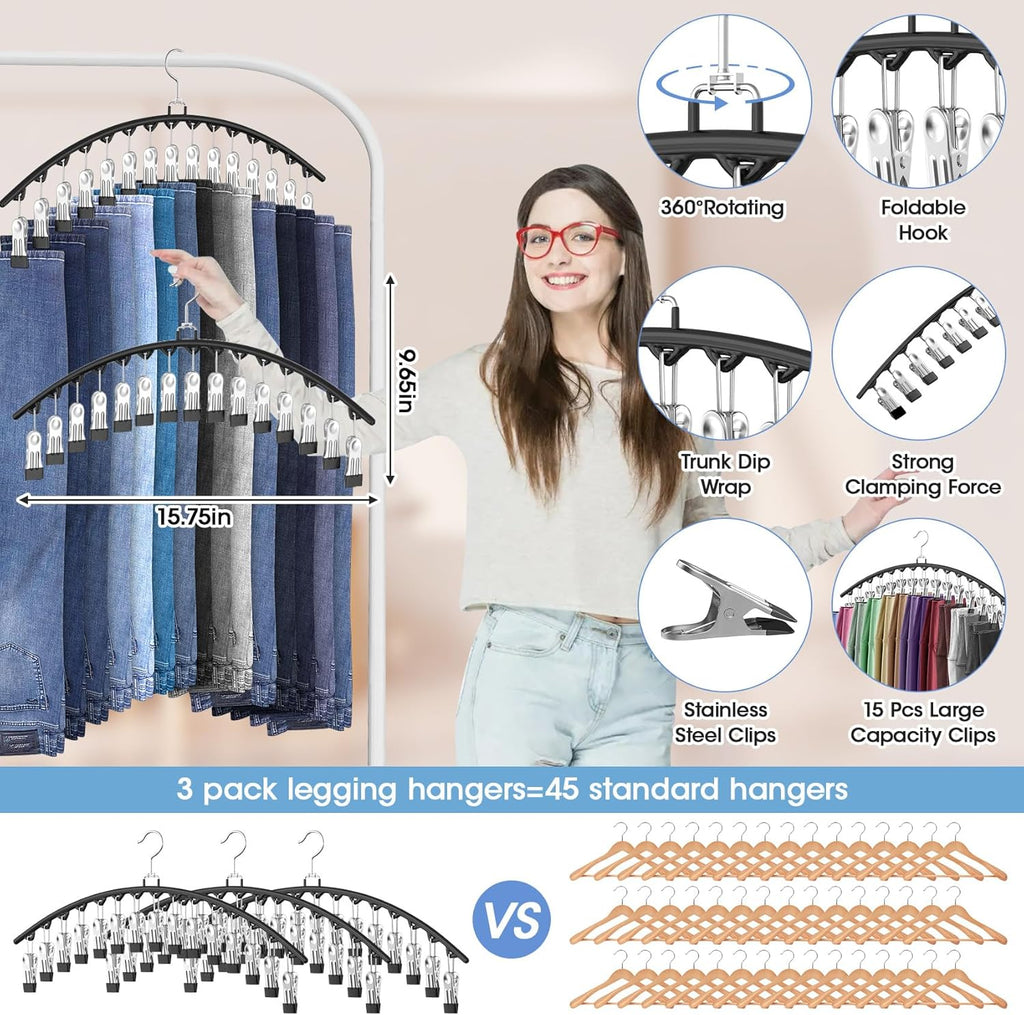 Skiennix Legging Organizer - Space-Saving Closet Hangers for 45 Leggings, Shorts & Skirts | Black 3-Pack