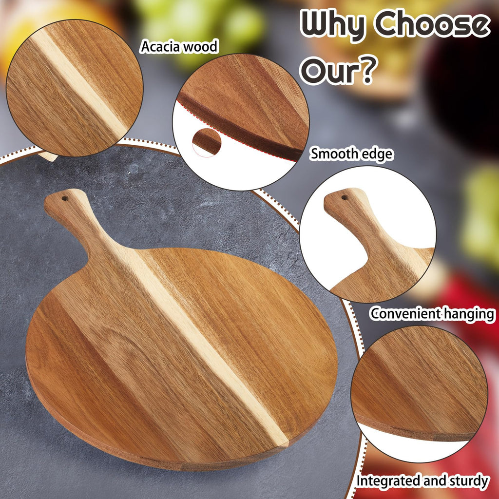 Sliner 6 Pcs Acacia Wood Round Cutting Board Bulk 0.6 Inch Thick Charcuterie Board with Handle Large Wooden Chopping Paddle for Cutting Pizza Cheese Meat Fruit (13 x 9 Inch)