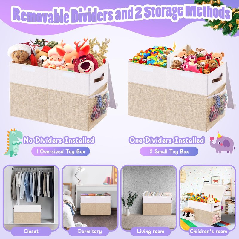 Large Toy Storage Box with Lid Divider, Sturdy Collapsible Toys Organizer Chest Kids Storage Bins Boxes Baskets for Boys, Girls, Nursery, Bedroom, Living Room, Playroom, 25"x13"x16", Beige and White