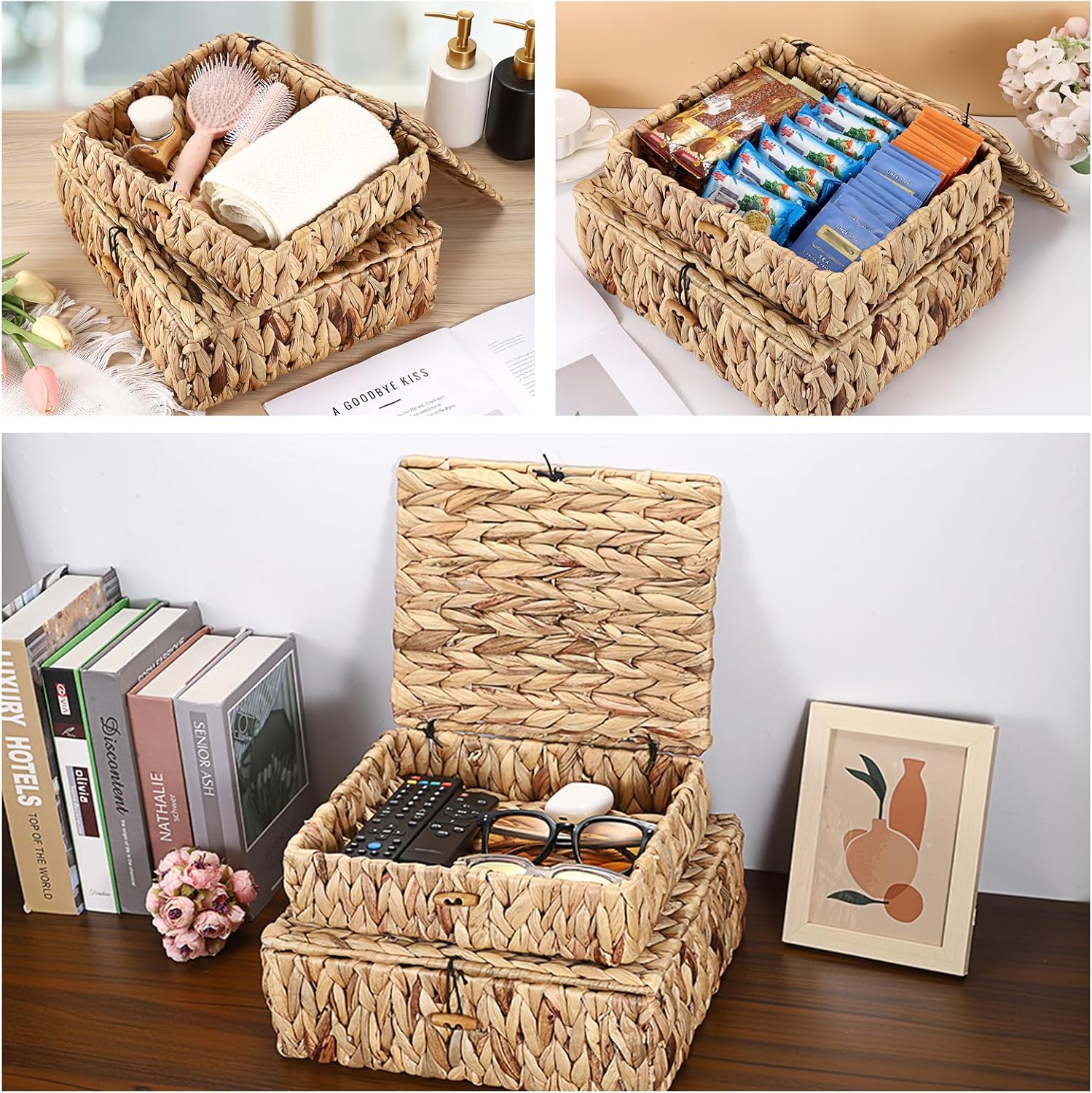 Regine Switzerland Handwoven Shelf Basket Set - Natural Water Hyacinth Bins with Lids for Stylish Home Organization