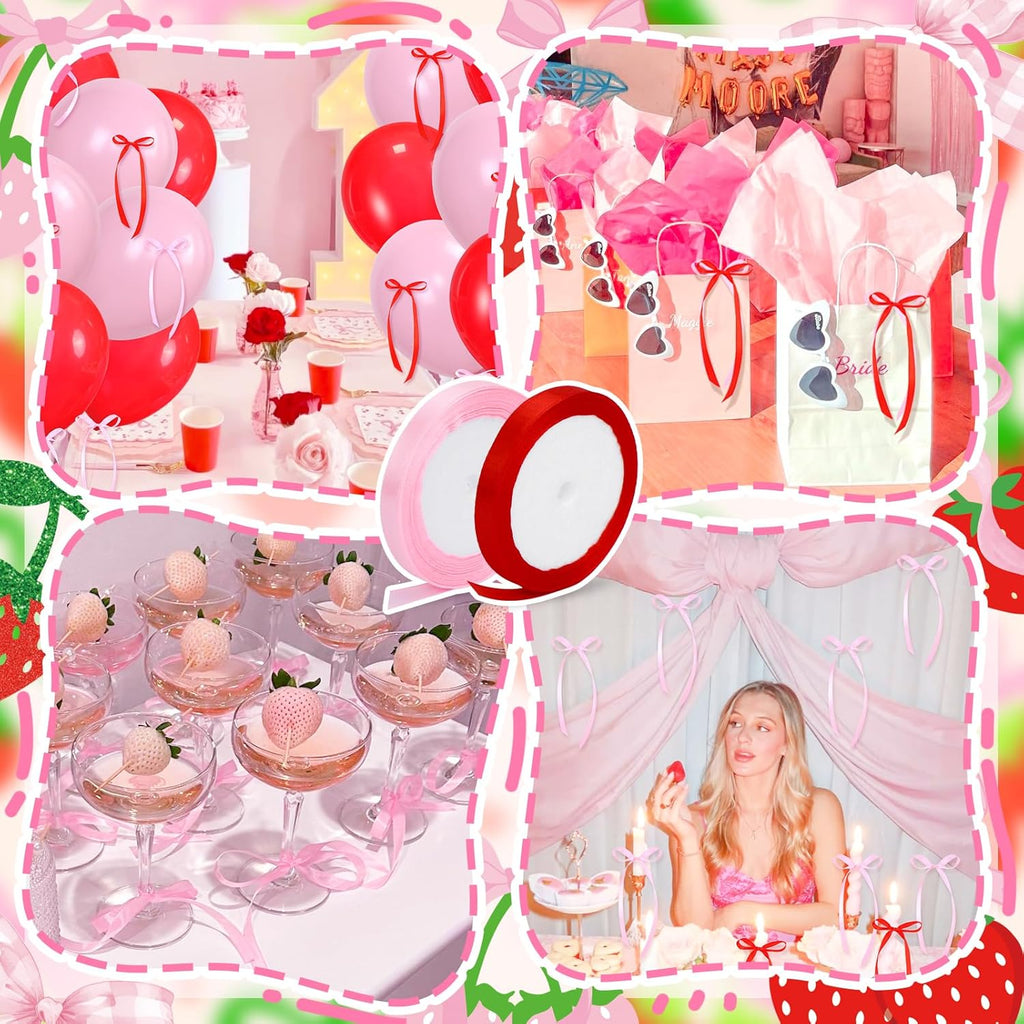 Skiennix Pink Bow Strawberry First Birthday Party Decor - Glitter Banners & Balloons for Girls