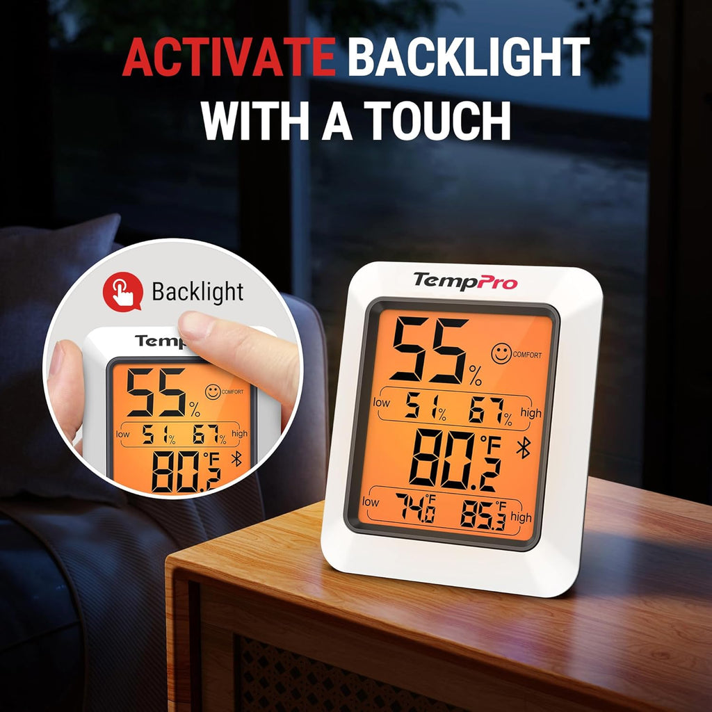TempPro Hygrometer Thermometer - Bluetooth Indoor Room & Greenhouse Monitor | 260FT Range, Backlit Display