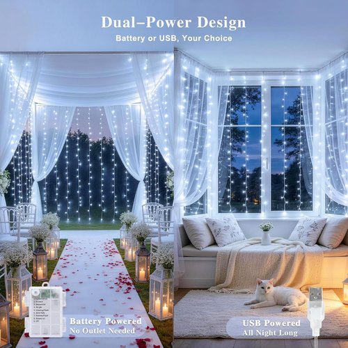 JMEXSUSS 200 LED Fairy Curtain Lights - Battery Operated & USB Plug In | Remote Control, 8 Modes, Waterproof for Wedding & Party Decor, White