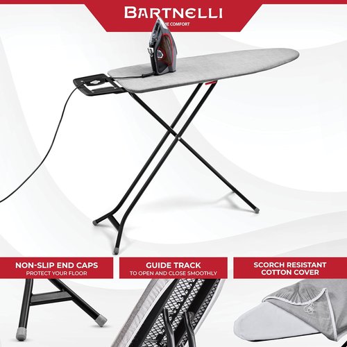 Bartnelli Ironing Board - Extreme Stability with Heavy-Duty Metal Frame | Height Adjustable, 43x13 Inches, 100% Cotton Cover