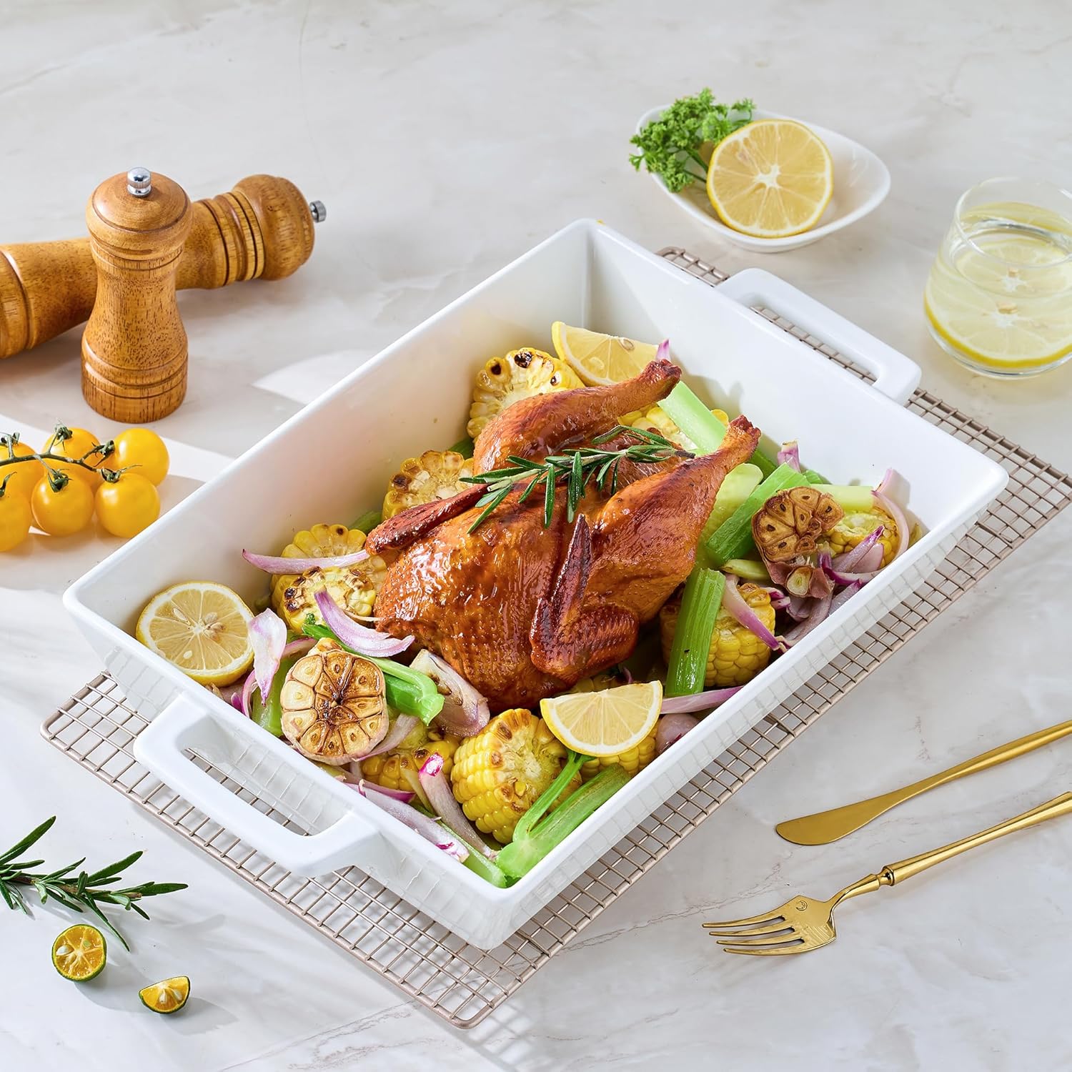 Regine Switzerland 4.6 Qt Large Rectangular Ceramic Baking Dish - 14x10 Inch Casserole Pan with Handles for Versatile Cooking