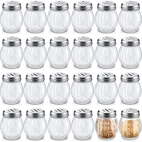 Hotop 24 Pieces Glass Spices Shaker with Perforated Top Cheese Shaker with Slotted Stainless Steel Top Retro Swirl Style Jar