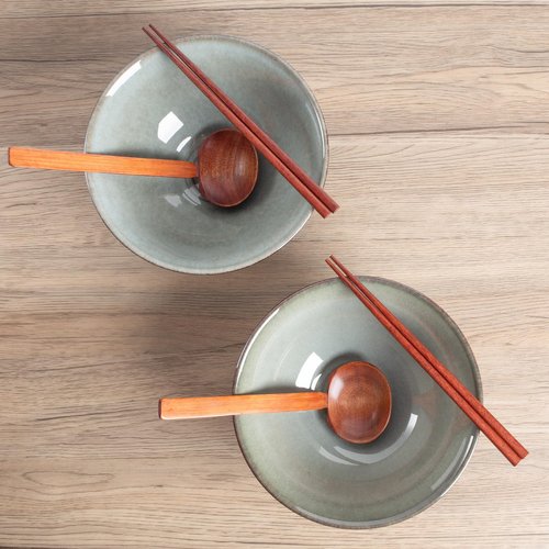 Tacuhy 40oz Japanese Ceramic Ramen Bowl Set of 2 with Chopsticks and Spoons for Pho Udon Asian Soup Noodles (Grayish Green)