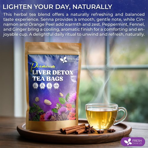 FreshDrinkUS, Premium Liver Herbal Detox Tea – Strong Blend Of Milk Thistle, Hibiscus, Peppermint & Ginger | Fennel, Lemongrass & Orange Peel with Stevia | Vibrant Caffeine-Free Botanical Blend