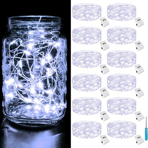 Btfarm 12 Pack Fairy Lights - Battery Operated 20 LED Twinkle String Lights | Waterproof Silver Wire for Mason Jars & Wedding Decor, Cold White