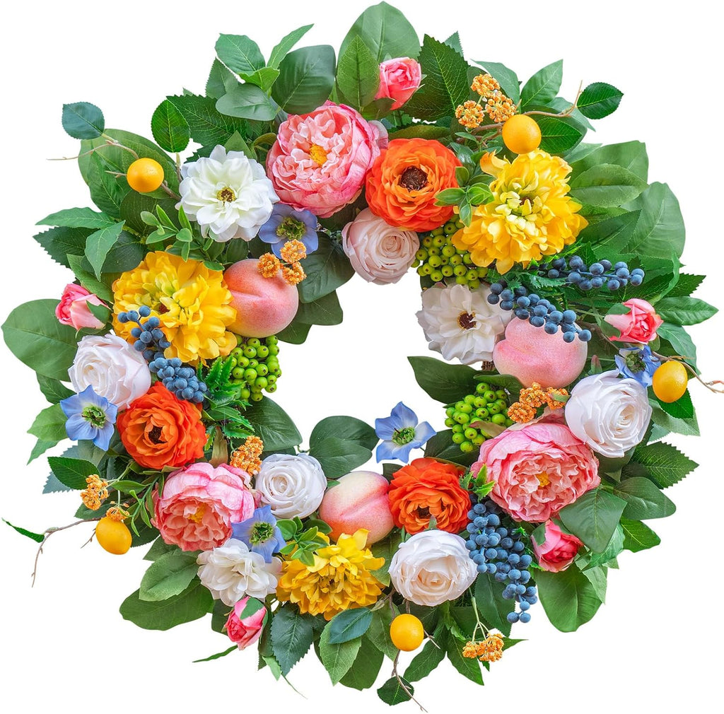 Pinkpuii 24-Inch Spring Wreath - Vibrant Peonies, Roses & Realistic Fruit Accents for Front Door Decor