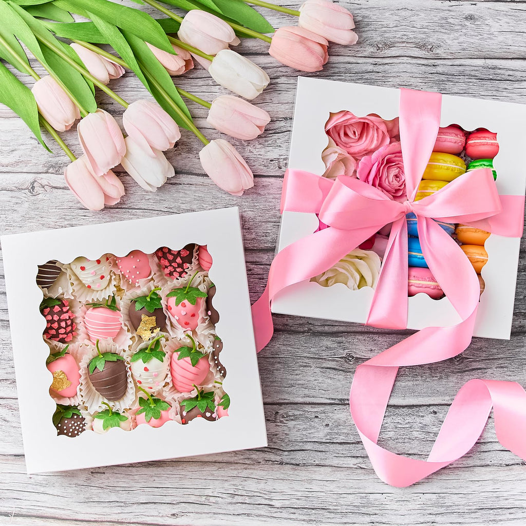 Kucoele 20 PCS Pie Boxes, 9 x 9 x 2.5 Inches Bakery Boxes with Window, Auto-Popup Cookie Boxes White Treat Boxes for Chocolate Strawberries, Pastries, Muffins, Donuts