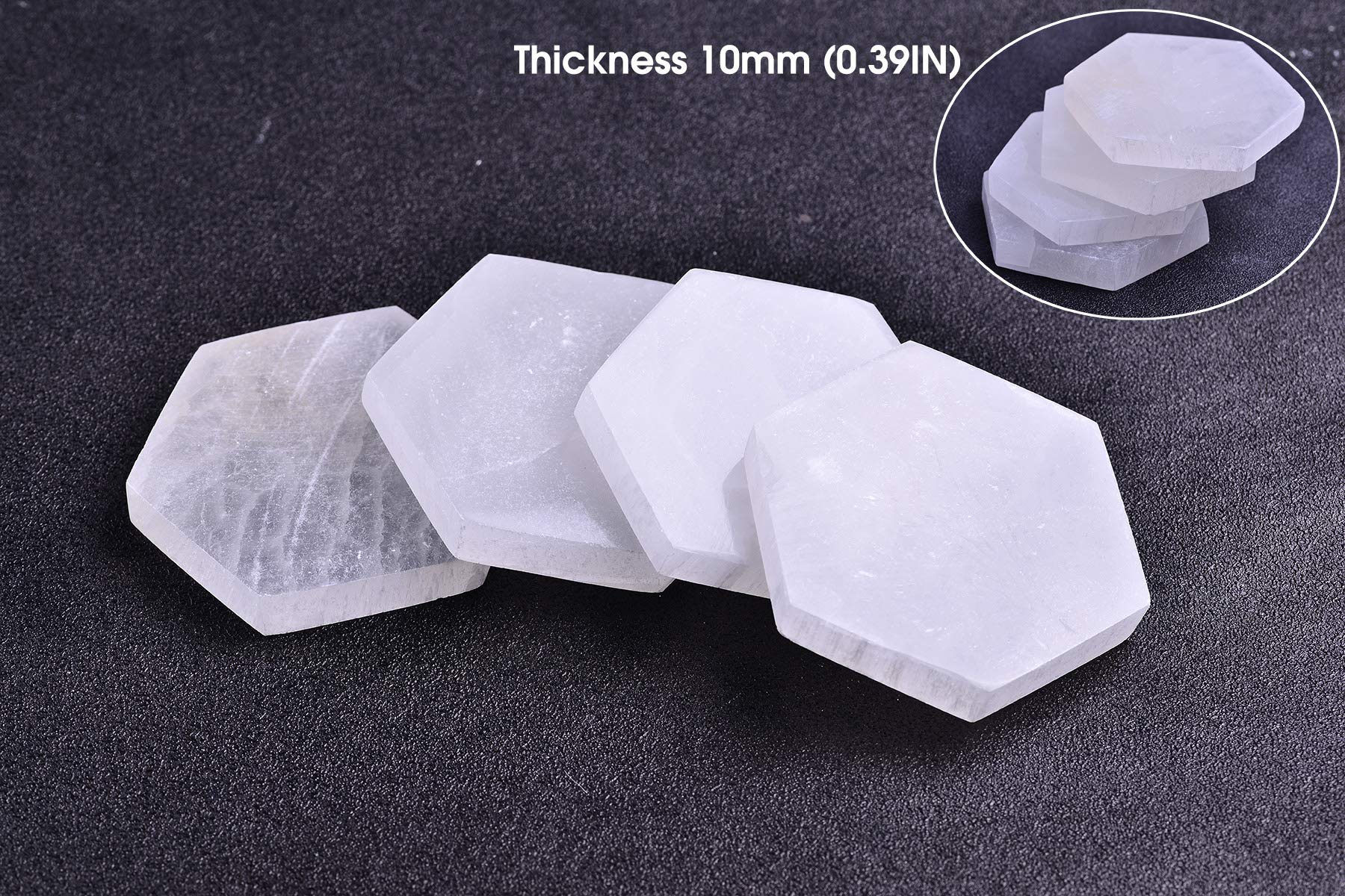 AMOYSTONE 4Pcs Small Hexagon Moroccan Selenite Coasters & Reiki Charging Station Flat Crystal Plate/Tray for Chakra Balance, Crystal Healing