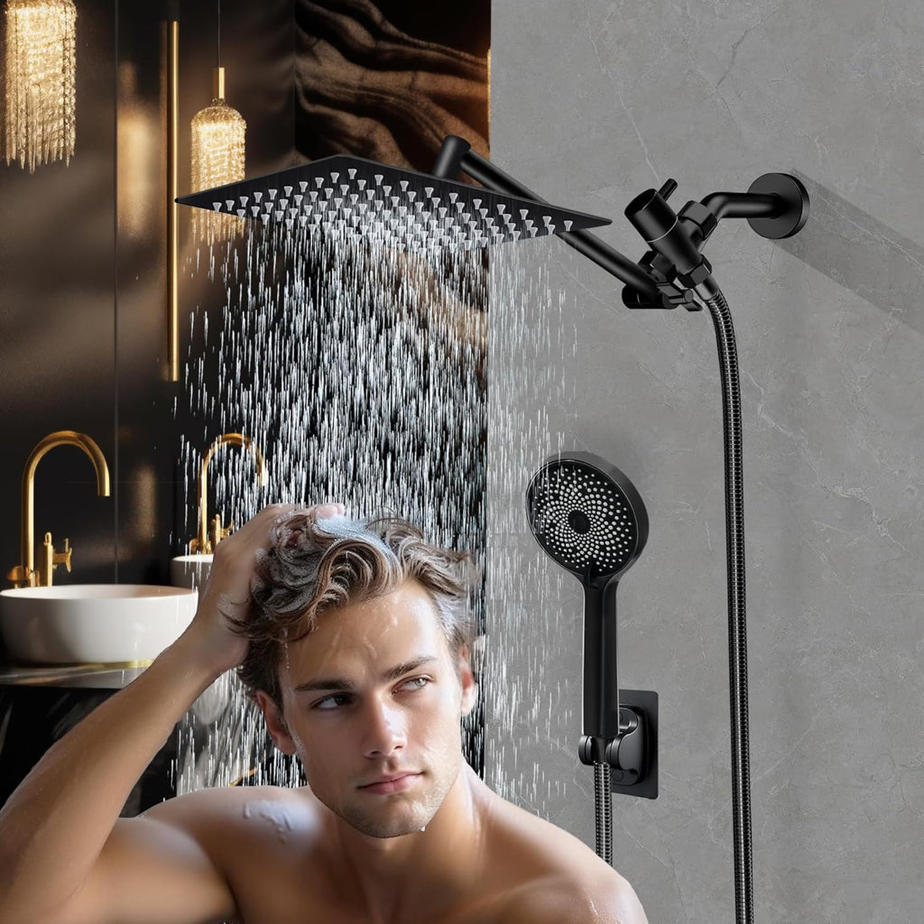 Skiennix 10” Rain Shower Head - High Pressure Handheld Spray Combo with Adjustable Arm | Matt Black