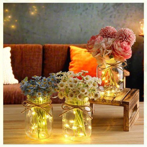Chunful 12 Pcs Glass Mason Jar with LED Lights for Table Centerpiece Decorations Set Clear Rustic Farmhouse Coffee Table Decor with LED Lights for Wedding Dining Room Kitchen Decor (Warm Light)