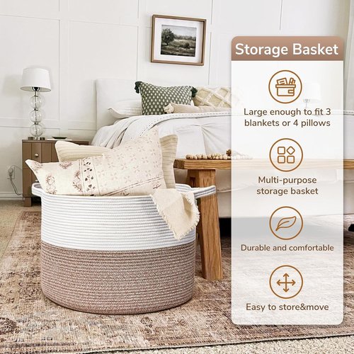 Goodpick Large Woven Rope Storage Basket - 83L for Blankets | Ideal for Living Room & Dorms - 21.7 x 13.8 Inches