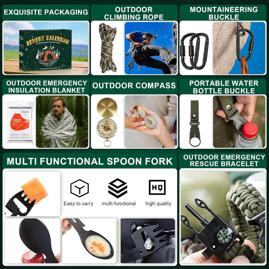 Survival Kit Advent Calendar - 24 Days of Essential Camping, Fishing & Hiking Tools | Perfect Xmas Gift for Outdoor Enthusiasts