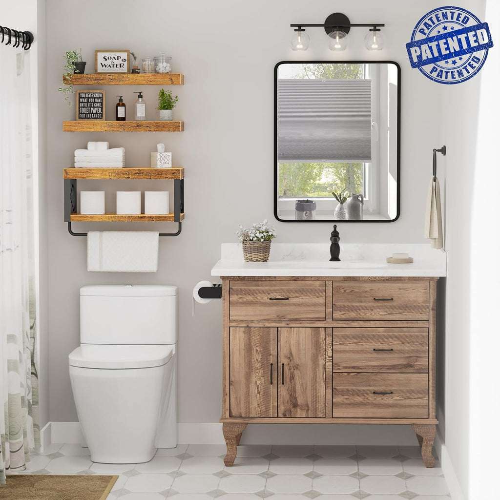 QEEIG Bathroom Shelves Over Toilet - Rustic Floating Shelf Set for Toilet Paper Storage | 16 Inch, Brown
