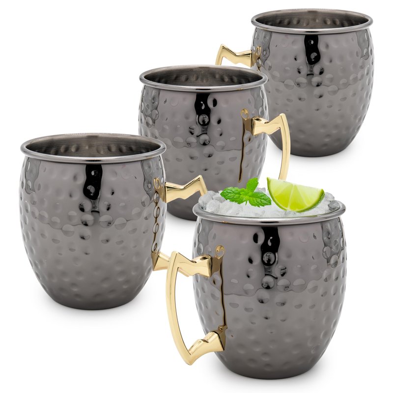K&K Home Black Moscow Mule Mugs - 17oz Hammered Black Cups with Stainless Steel Lining - Set of 4 Black Mugs Perfect for Cold Drinks, Beer, Wine, Outdoors, Gifts and Parties