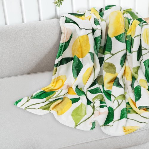 JarThenaAMCS Lemon Fuzzy Blanket - 60 x 50 Inch Yellow Lemon with Green Leaves Throw Blanket for Adults & Kids - Soft, Warm, Spring/Summer Blanket for Home, Chair, Sofa, Couch