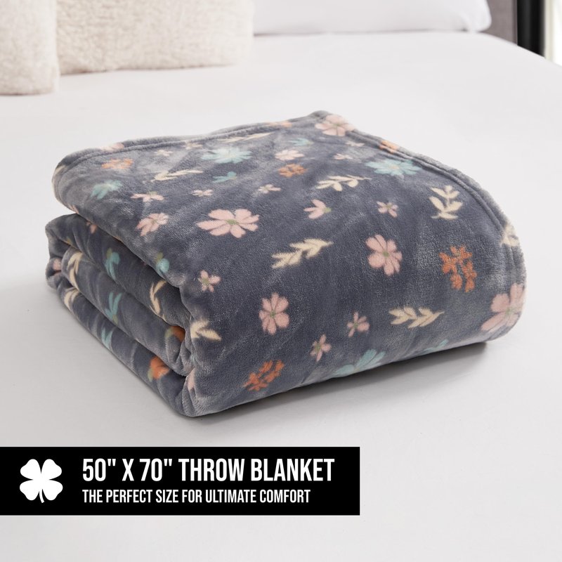 Lucky Brand Luxurious Fuzzy Blanket for Sofa or Bed, Tossed Blooms Plush Throw Blanket, 50" x 70", Gray Floral