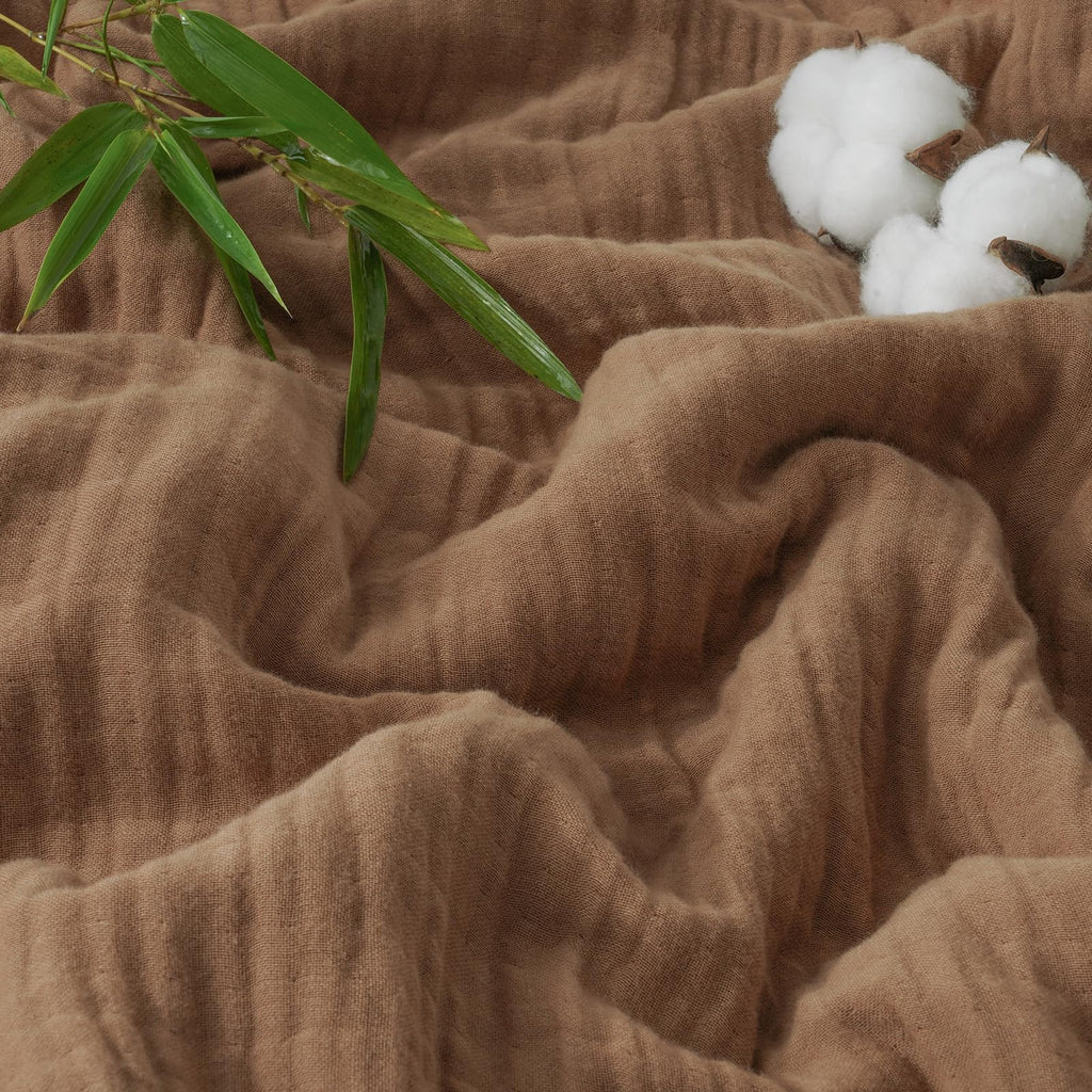 PHF Cooling Muslin Queen Blanket for Hot Sleepers, 60% Rayon Derived from Bamboo, 40% Cotton for Summer, 4-Layer Breathable Gauze Blanket for Bed Couch, 90"x90", Brown