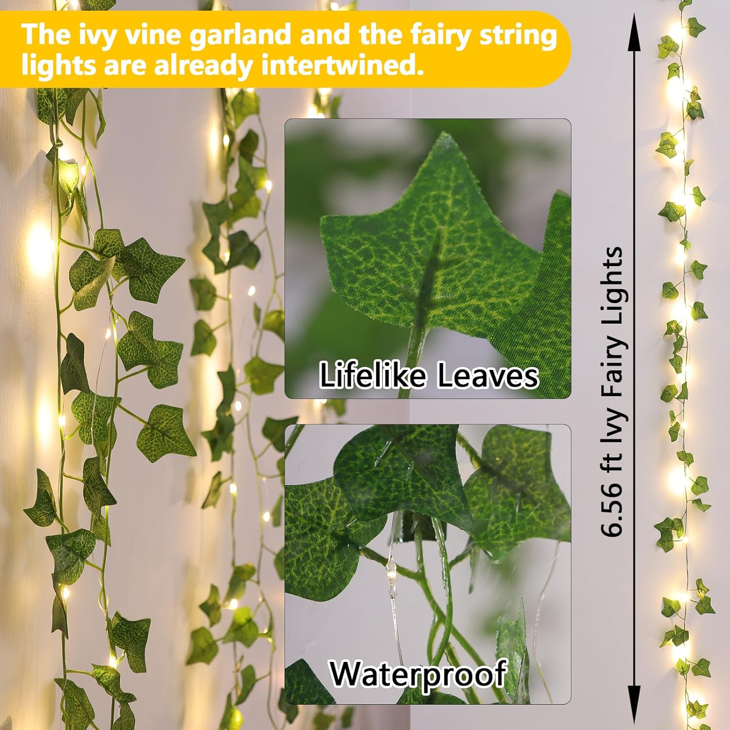 Skiennix 2 Pack LED Vines with Fairy Lights - 6.56ft Battery Operated, 8 Modes for Bedroom & Party Decor