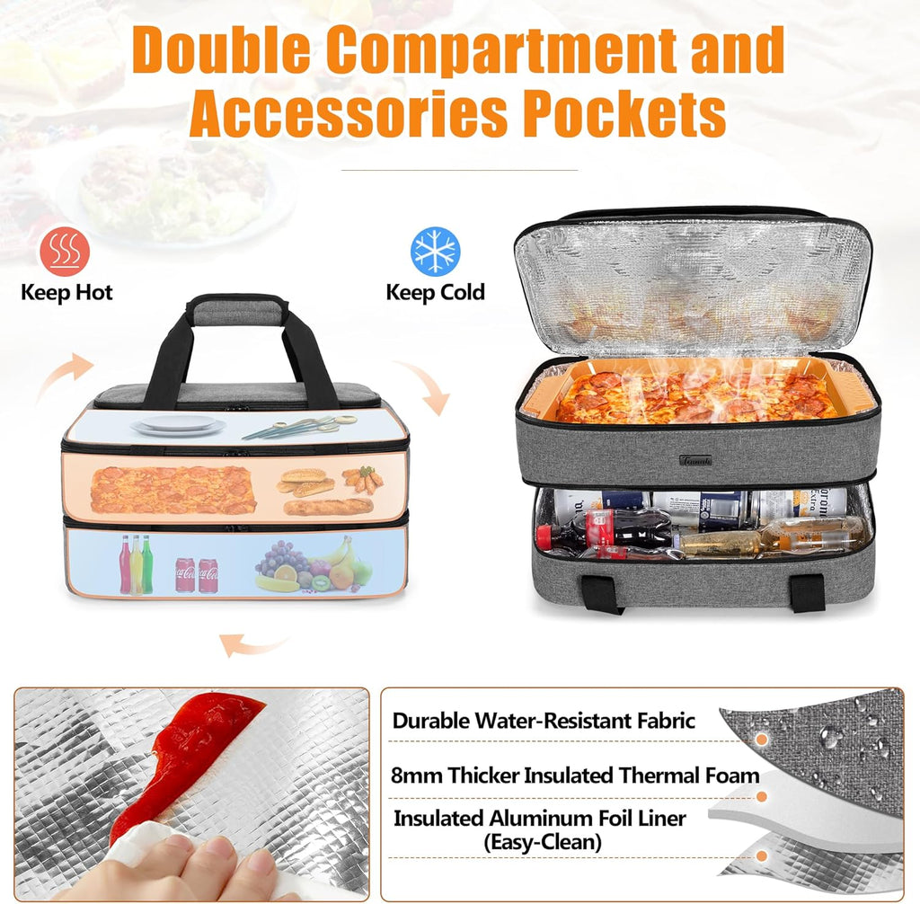 Trunab Casserole Carrier - Insulated Thermal Tote Bag for Hot or Cold Food | Fits 9" x 13" Baking Dish, Grey