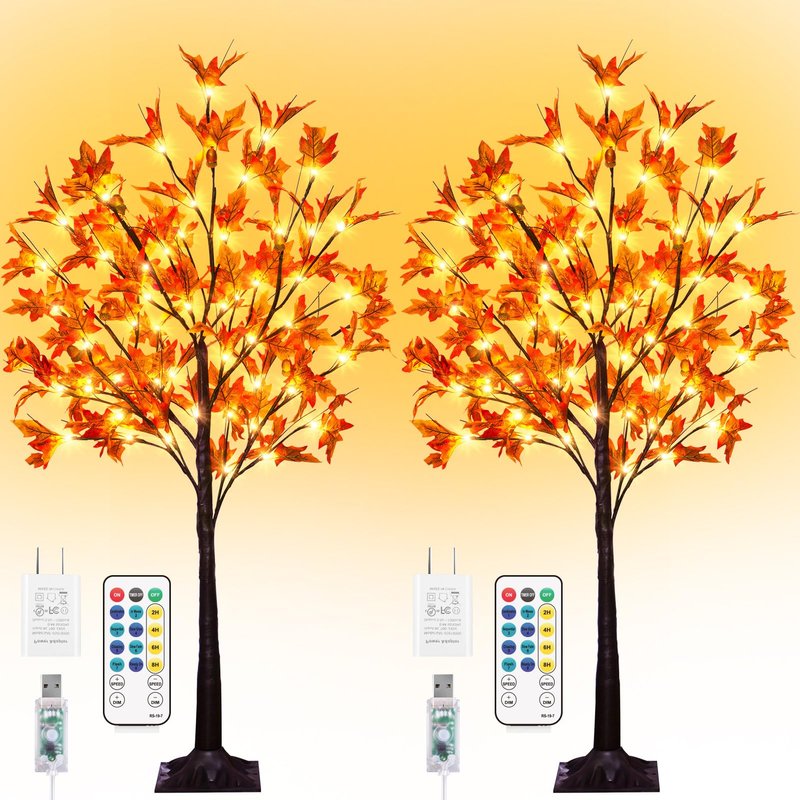 7FT 170LED Fall Maple Tree Light - Thanksgiving Decor Artificial Tree with 17 Acorn, Remote 8 Flashing Modes, Timing, DC 5V Safe for Wedding Party Outdoor Decor (Upgraded Silk-Screened Leaves)