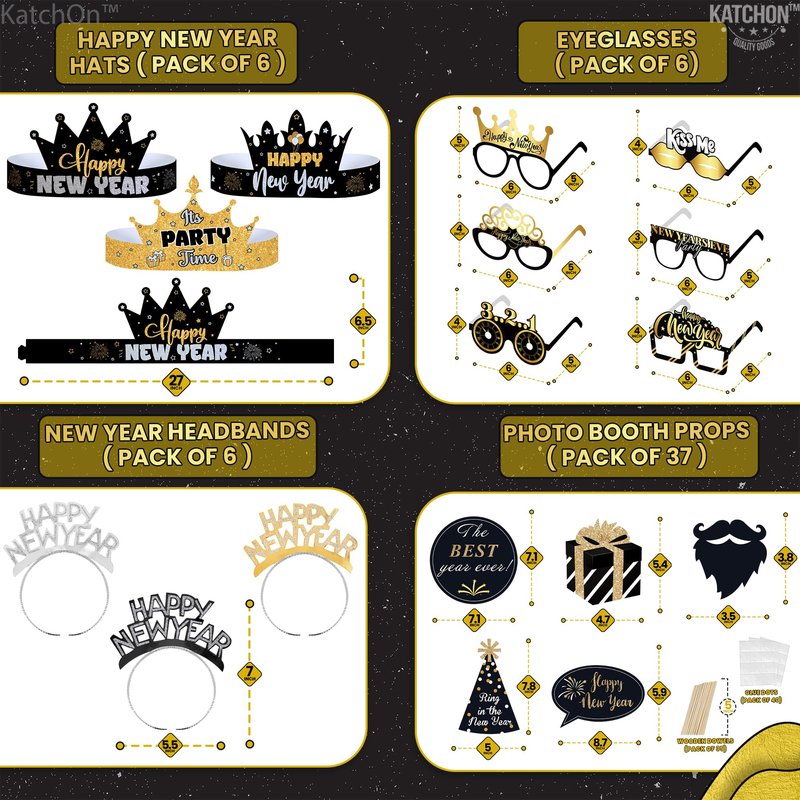 KatchOn, New Years Eve Party Favors - Pack of 74 | Happy New Year Glasses, Photo Props, Hats and Noise Makers | New Years Headband 2026, New Year's Eve Party Supplies for Happy New Year Decorations