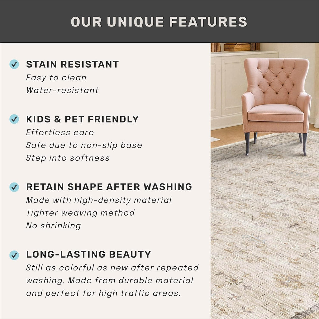 Washable Ivory 6x9 Living Room Rug - Non-Slip Dining Rug for Under Table | Low Pile Farmhouse Carpet