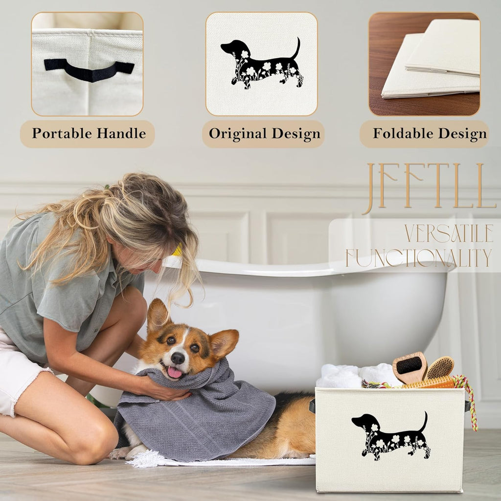 Skiennix Dachshund Dog Toy Basket - Collapsible Floral Storage Bin for Pet Supplies | Home Decor Gift