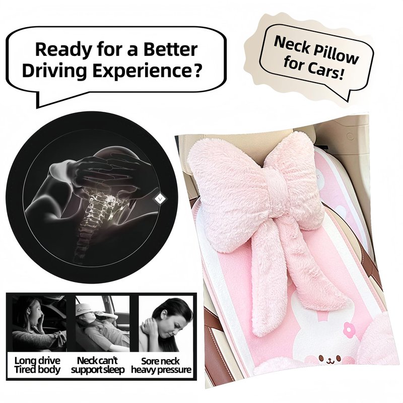 UINSUE Car Neck Pillow 2PCS Plush Bowknot Car Headrest Pillow – Comfortable Neck Support for Driving Soft Touch Fabric Car Pillow Cute Interior Decor (Pink)