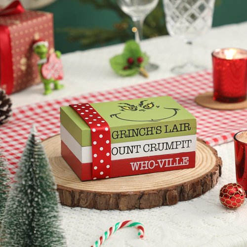 Grinch Christmas Decor - Wood Book Stack for Farmhouse Tiered Tray | Festive Home Table Decor